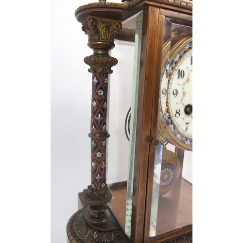 607 - A FRENCH CHAMPLEVE ENAMEL  BRASS AND GLASS MANTLE CLOCK