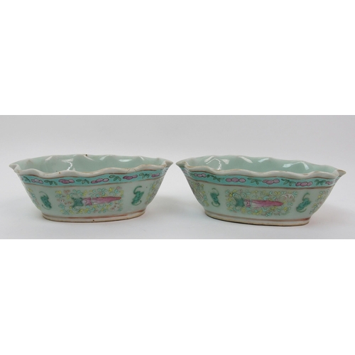12 - A pair of Canton celadon frilled bowls