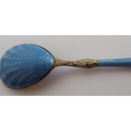 167 - A cased set of six Norwegian silver gilt and blue enamel salt spoons