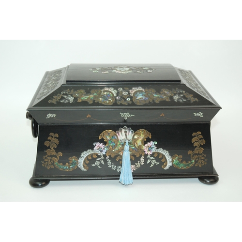 321 - A Victorian papier-mache and mother of pearl inlaid sewing box