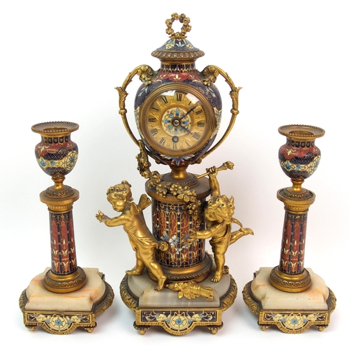 496 - A 19th century French ormolu and champleve enamel mantel clock