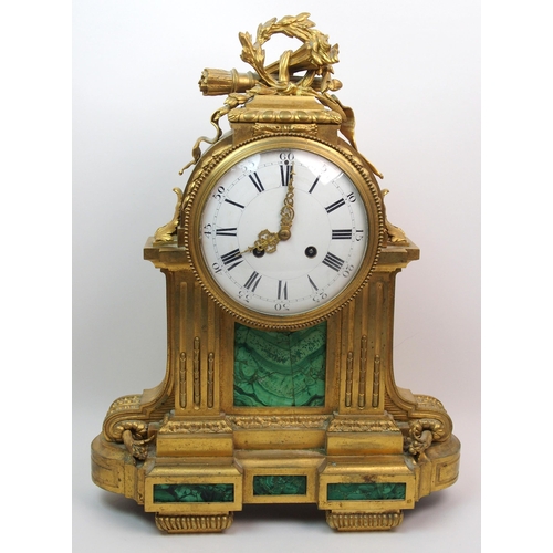 514 - A French ormolu and malachite mounted chiming mantle clock