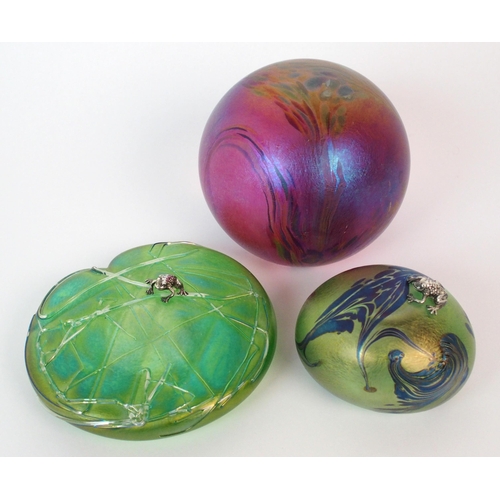 518 - Three Glasform iridescent glass paperweights by John Ditchfield