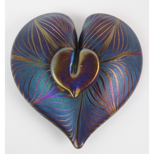 520 - A Glasform heart shaped feathered iridescent glass paperweight