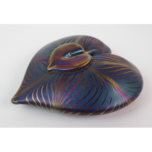 520 - A Glasform heart shaped feathered iridescent glass paperweight