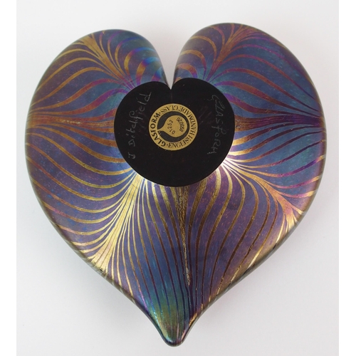 520 - A Glasform heart shaped feathered iridescent glass paperweight