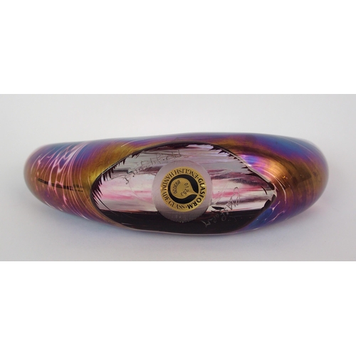 520 - A Glasform heart shaped feathered iridescent glass paperweight