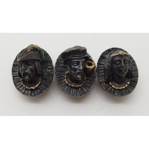 637 - A set of three French silver and gold shirt studs