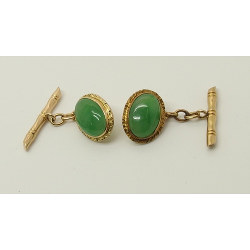 643 - A pair of 18ct Chinese gold  Chinese green hardstone cufflinks