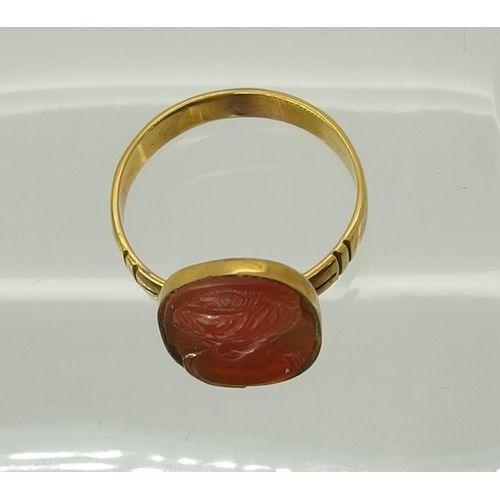 718 - A bright yellow metal ring set with a carved carnelian intaglio