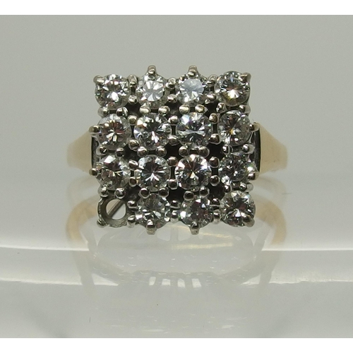 723 - A bright yellow metal square shaped diamond cluster ring