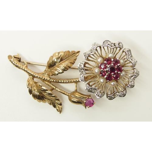 728 - A 9ct gold ruby  diamond and pearl brooch in the shaped of a rose