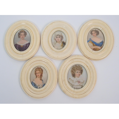 255 - Five ivory oval framed portrait miniatures of elegant ladies