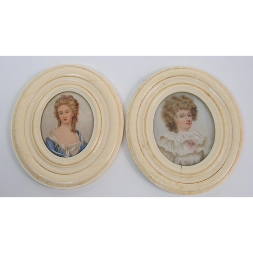 255 - Five ivory oval framed portrait miniatures of elegant ladies