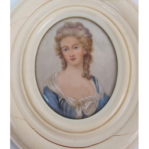 255 - Five ivory oval framed portrait miniatures of elegant ladies