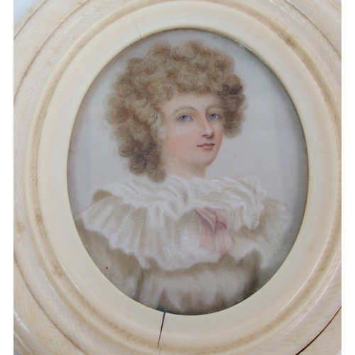 255 - Five ivory oval framed portrait miniatures of elegant ladies