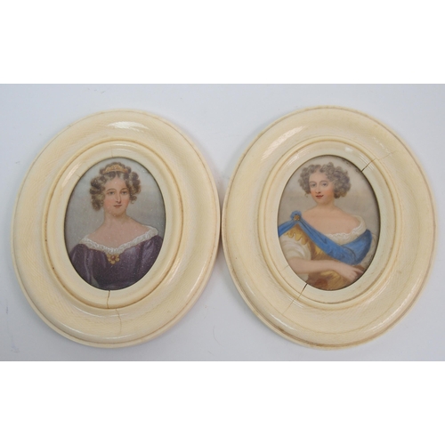 255 - Five ivory oval framed portrait miniatures of elegant ladies