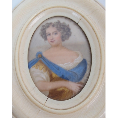 255 - Five ivory oval framed portrait miniatures of elegant ladies