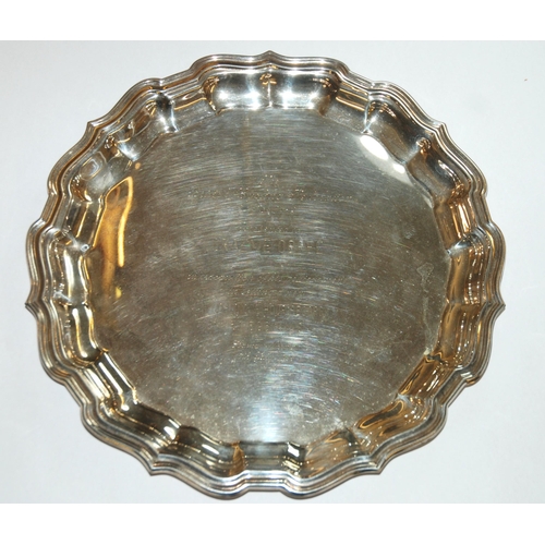 347 - A white-metal shaped circular One Hour Record presentation salver