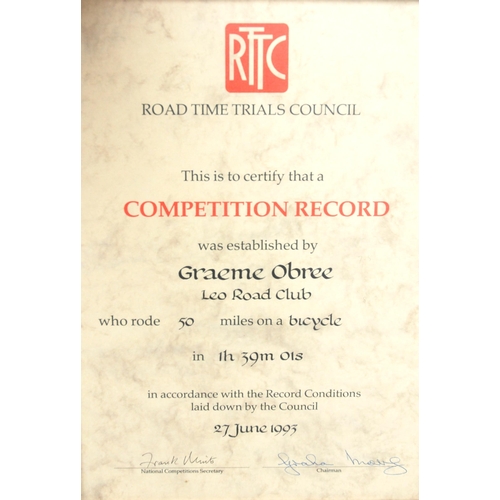 348 - Two Road Time Trials Council certificates presented to Graeme Obree