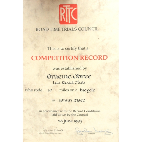 348 - Two Road Time Trials Council certificates presented to Graeme Obree