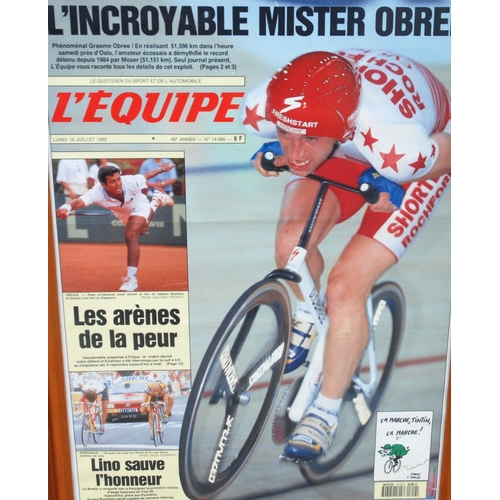 349 - A chromolithograph L'Equipe front cover presented to Graeme Obree to commemorate the One Hour Record