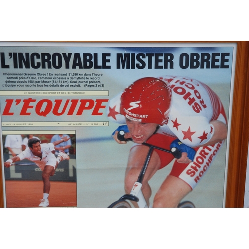 349 - A chromolithograph L'Equipe front cover presented to Graeme Obree to commemorate the One Hour Record