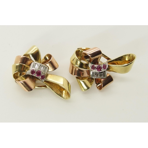 726 - A pair of 14ct gold ruby and diamond ear clips