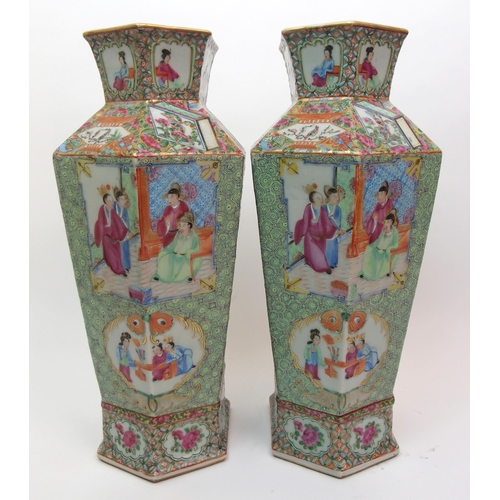 74 - A pair of Canton hexagonal famille rose vases