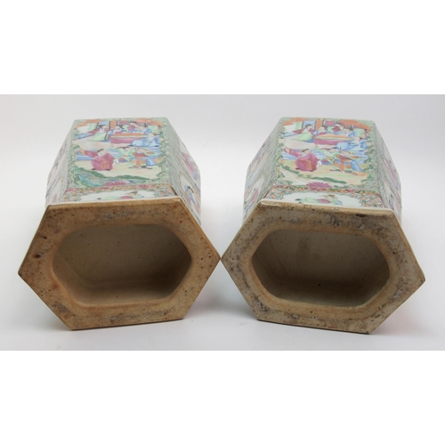 74 - A pair of Canton hexagonal famille rose vases