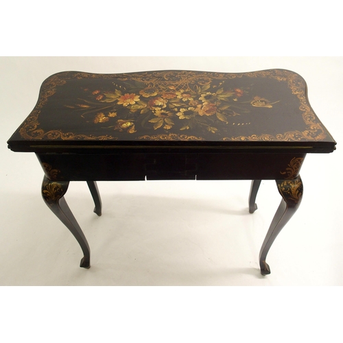 825 - An ebonised serpentine fold-over card table