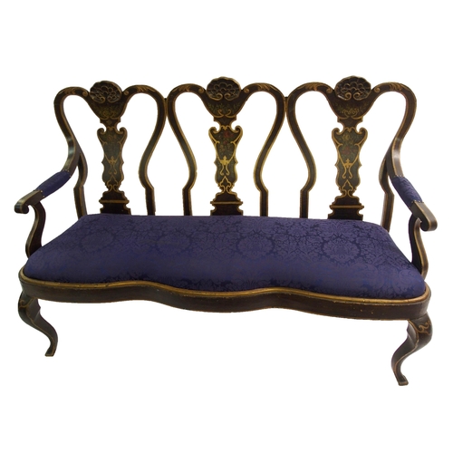 831 - A Spanish ebonised  gilt and polychrome three seat settee