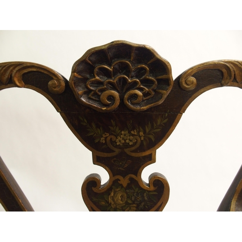 831 - A Spanish ebonised  gilt and polychrome three seat settee