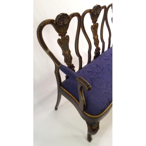 831 - A Spanish ebonised  gilt and polychrome three seat settee