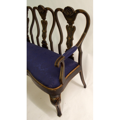 831 - A Spanish ebonised  gilt and polychrome three seat settee