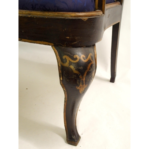 831 - A Spanish ebonised  gilt and polychrome three seat settee