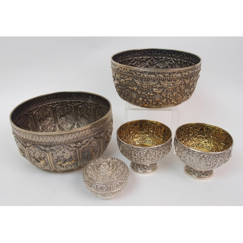 110 - Four Burmese white metal bowls