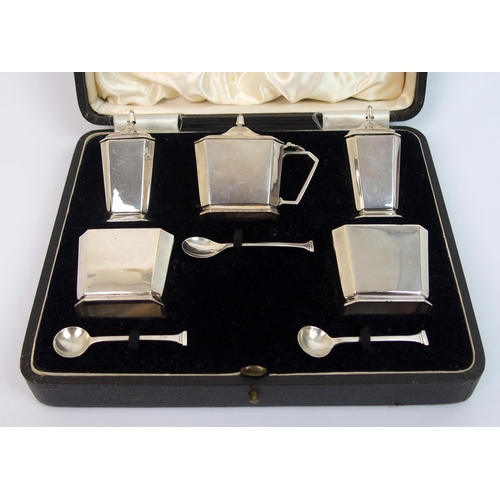 158 - A cased Art Deco silver five-piece cruet set