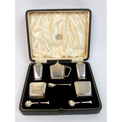 158 - A cased Art Deco silver five-piece cruet set