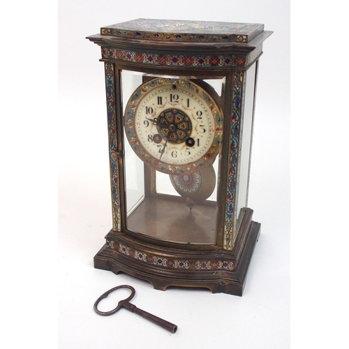 510 - A French champleve enamel four glass mantle clock