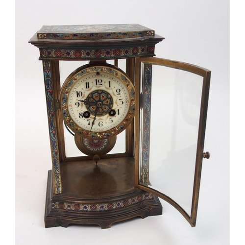 510 - A French champleve enamel four glass mantle clock