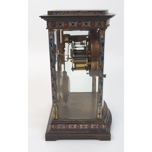 510 - A French champleve enamel four glass mantle clock