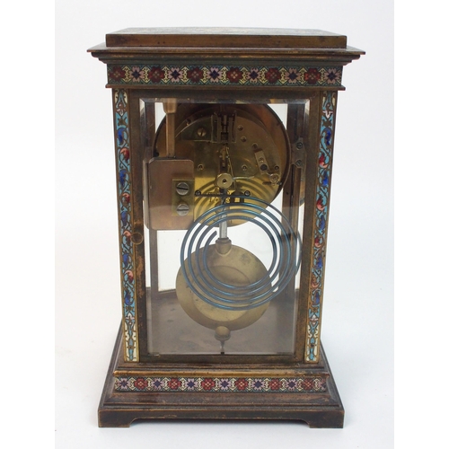 510 - A French champleve enamel four glass mantle clock