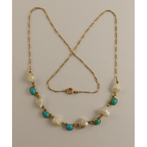 649 - An Arts & Crafts necklet with baroque pearls and turquoise