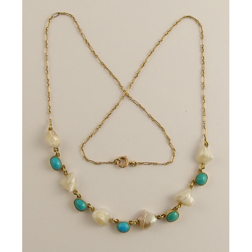 649 - An Arts & Crafts necklet with baroque pearls and turquoise