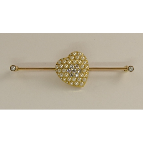 650 - A split pearl and diamond set heart bar brooch