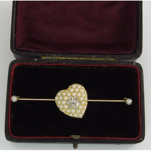 650 - A split pearl and diamond set heart bar brooch