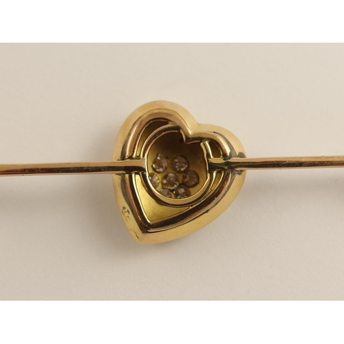 650 - A split pearl and diamond set heart bar brooch