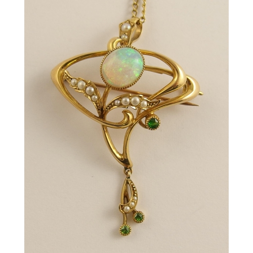 676 - A 15ct gold Art Nouveau opal pendant brooch