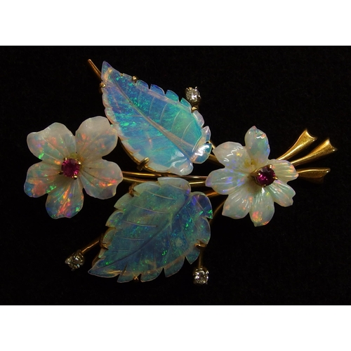 742 - An 18ct gold carved opal flower brooch